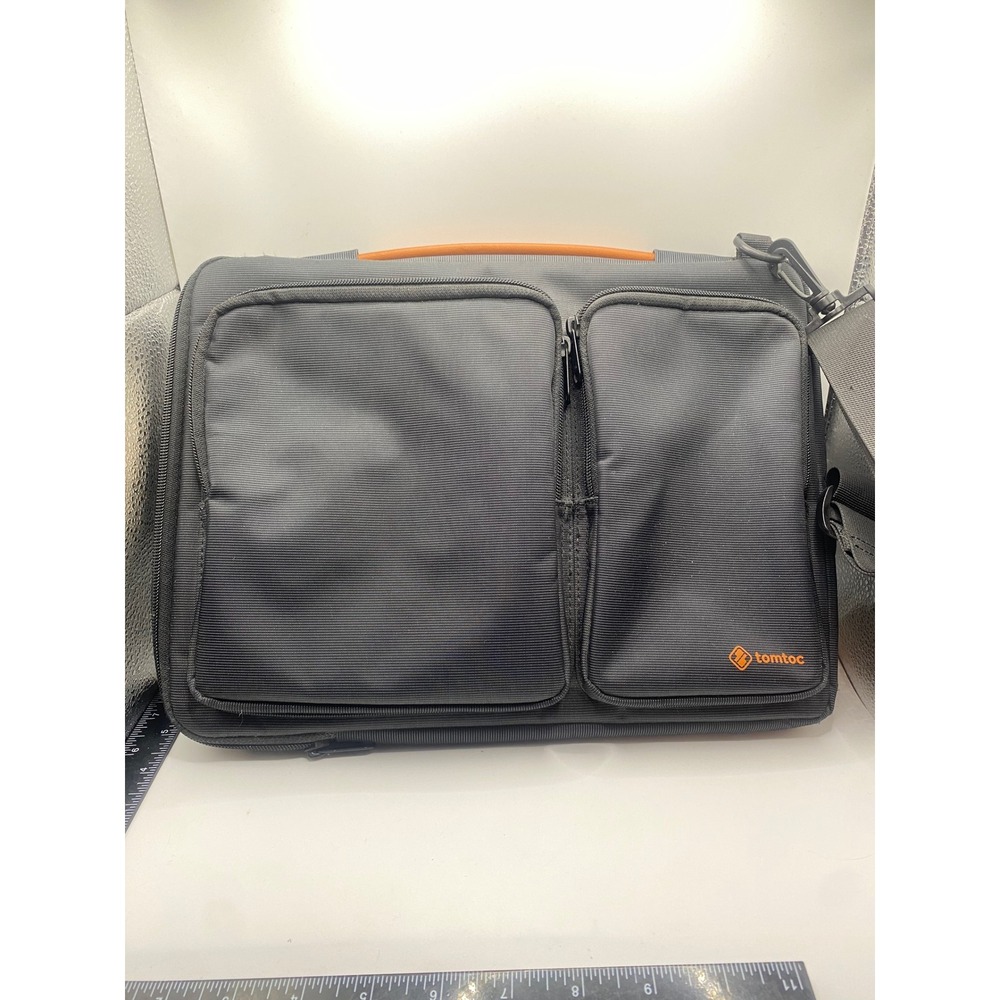 tomtoc Black Tech Laptop‎ Messenger Bag Orange Handle Shoulder Strap Men's